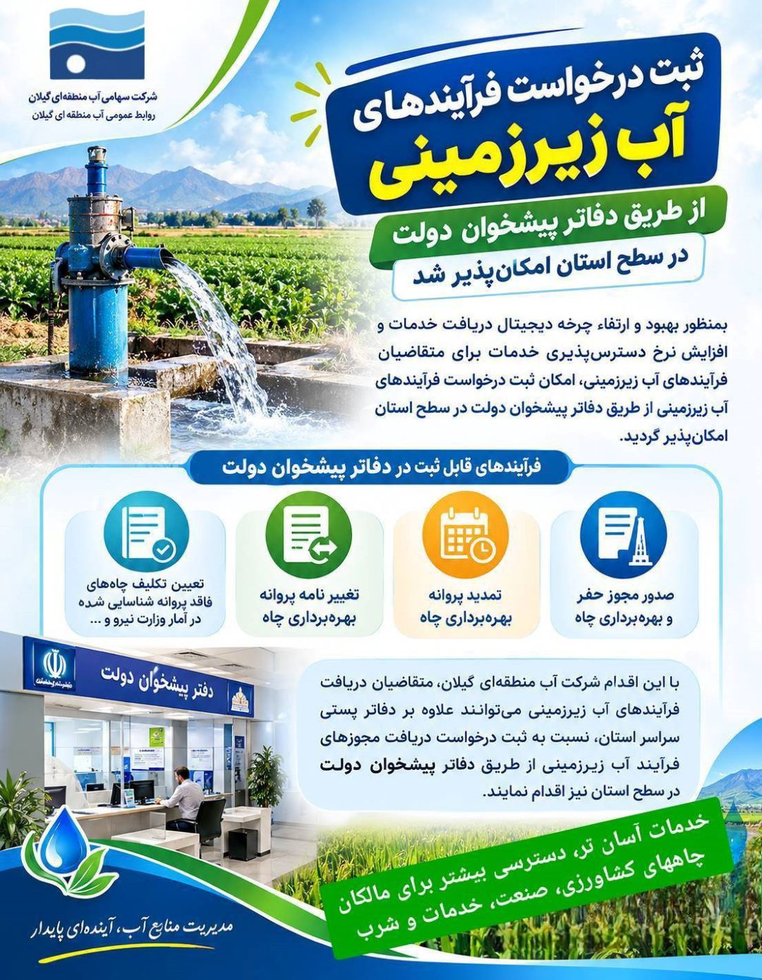 ثبت درخواست فرآیندهای آبهای زیر زمینی از طریق دفاتر پیشخوان دولت در سطح استان امکان پذیر شد